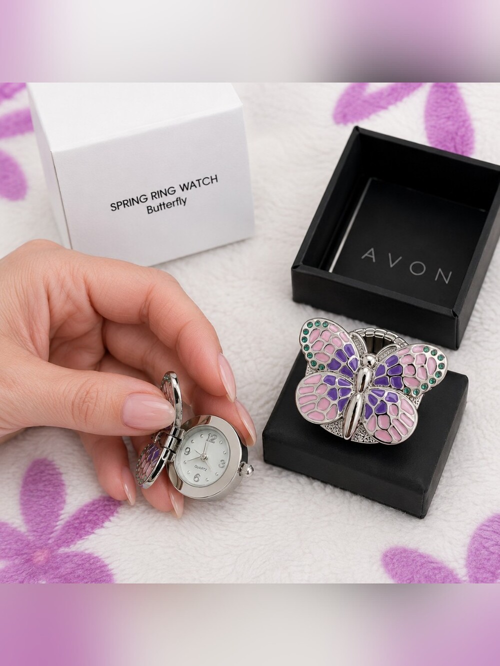 AVON Butterfly Spring Ring Watch Pink Purple Enamel Hidden Quartz Watch NIB